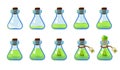 Set of different states of bottle with green elixir and apple. Illustration for mobile game interface Royalty Free Stock Photo