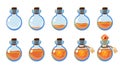 Set of different states of bottle with orange elixir and gemstone. Illustration for mobile game interface Royalty Free Stock Photo