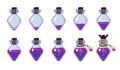Set of different states of bottle with purple elixir and cute bat. Illustration for mobile game interface Royalty Free Stock Photo