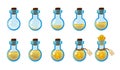 Set of different states of bottle with yellow elixir and golden skull coin. Illustration for mobile game interface Royalty Free Stock Photo