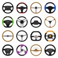 Set of different steering wheels icons isolated on white background. Car wheel control, auto part driving in flat style. Royalty Free Stock Photo