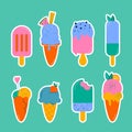 A set of different stickers hand-drawn ice creams. Flat, hand-drawn design