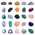 Set of different stones and crystals. Various types of minerals, crystals, gems, diamonds, isolated. Vector illustration. Royalty Free Stock Photo