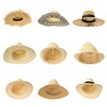 Set with different straw hats on white background. Stylish headdress Royalty Free Stock Photo