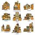 Set of different style and architecture cities of Italy. Vector color line icons for tourism web