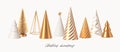 Set of different style Christmas tree cone. White and golden 3d render realistic abstract Christmas trees. Christmas decorations.