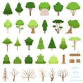 Set of different forest, tropical and dry trees, bushes, stumps, logs and clouds. Vector illustration Royalty Free Stock Photo