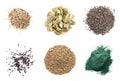 Set of different superfoods on background, top view Royalty Free Stock Photo