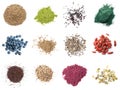 Set of different superfoods on background, top view