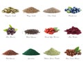 Set of different superfoods on background