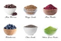 Set of different superfoods on background