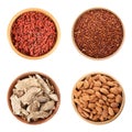 Set of different superfoods on background, top view Royalty Free Stock Photo