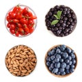 Set of different superfoods on background, top view