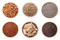 Set of different superfoods on background, top view