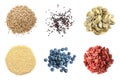 Set of different superfoods on background, top view