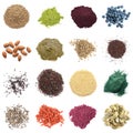 Set of different superfoods on background, top view