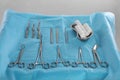 Set of different surgical instruments on table Royalty Free Stock Photo