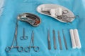 Set of different surgical instruments on table Royalty Free Stock Photo