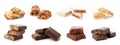 Set of different sweet protein bars on white