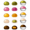 Set of different taste mochi daifuku. Different color of mochi japanese rice cake snack. Icon set illustration. Flat design