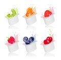 Set of different tastes of yogurt on white background