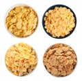 Set with different tasty breakfast cereals on white background, top view Royalty Free Stock Photo