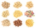 Set with different tasty breakfast cereals on white background, top view Royalty Free Stock Photo