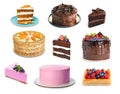Set with different tasty cakes on white background
