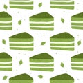 Matcha desserts seamless pattern. Green tea cake. Food ornament.