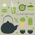 Set of different tasty matcha food illustration. Various matcha tea products. Mochi, macarons, tea pot, pie, tea leaves, icecream