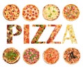 Set with different tasty pizzas and word on white background, top view