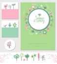 Set with different templates with spring and summer blossoming trees. Cards for your design and advertisement Royalty Free Stock Photo