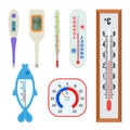 A set of different thermometers - indoor, outdoor, medical, for water. A large collection of thermometer-icons for the web. flat Royalty Free Stock Photo