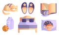 Set of different things in thematic of healthy sweet sleep. Vector illustration in a flat cartoon style. Royalty Free Stock Photo