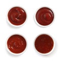 Set of different tomato sauces on background, top view