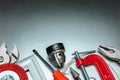 Set of different tools for construction and repair on metal background Royalty Free Stock Photo