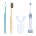 Set of different toothbrushes isolated on white background. automatic toothbrush, electric toothbrush, wooden toothbrush.