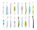 Set of different toothbrushes. Plastic electrical automatic toothbrush for dental hygiene cartoon vector