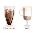 Set of different transparent cups of coffee types mug with foam beverage and breakfast morning sign tasty aromatic glass