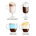 Set of different transparent cups of coffee types mug with foam beverage and breakfast morning sign tasty aromatic glass