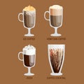Set of different transparent cups of coffee types mug with foam beverage and breakfast morning sign tasty aromatic glass