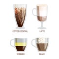 Set of different transparent cups of coffee types mug with foam beverage and breakfast morning sign tasty aromatic glass