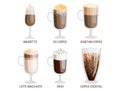 Set of different transparent cups of coffee types mug with foam beverage and breakfast morning sign tasty aromatic glass