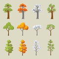 Set of different trees with seasonal design. Cartoon trees in snow and leaves. Vector illustration Royalty Free Stock Photo