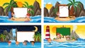 Set of different tropical beach scenes with blank banner Royalty Free Stock Photo