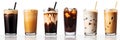 Set of different type of black ice coffee and ice latte coffee with milk in tall glass on white background. Variety of coffee