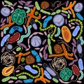 Set of different types of bacterias on black background, vector illustration