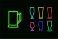 Set of different types of beer glasses on a dark background with a neon effect