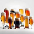 Set of different types of beer in glasses isolated on a white background