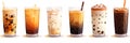 Set of different types of black ice coffee and ice coffee with milk in tall glass on white background. Variety of coffee drinks -